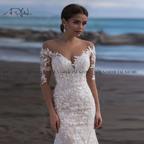 Sexy Scoop Long Sleeves Mermaid Wedding Dresses Bridal Gown